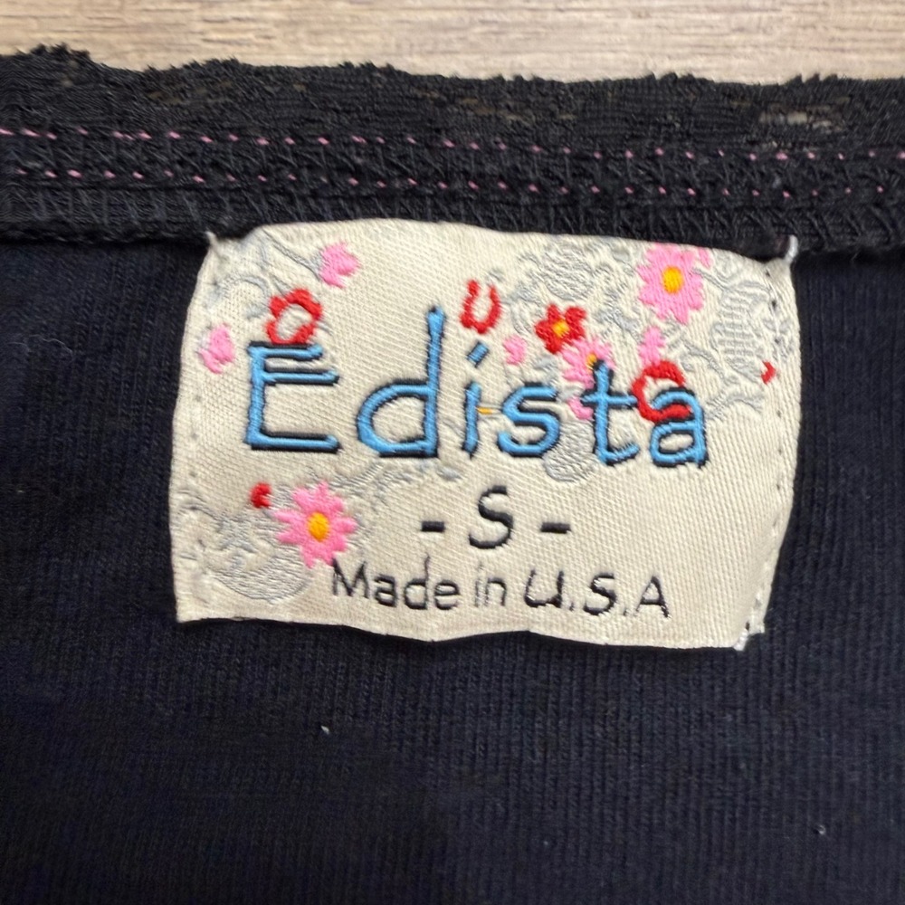 Edista Womens Vintage Y2K Grunge Graphic Top Black Sheer Embroidered Sleeves S - Picture 5 of 8